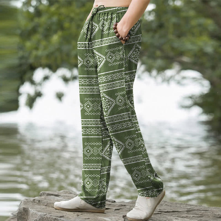 Buddha Stones Pantalon fuselé pour homme en coton à rayures géométriques tribales, avec poches - image 7