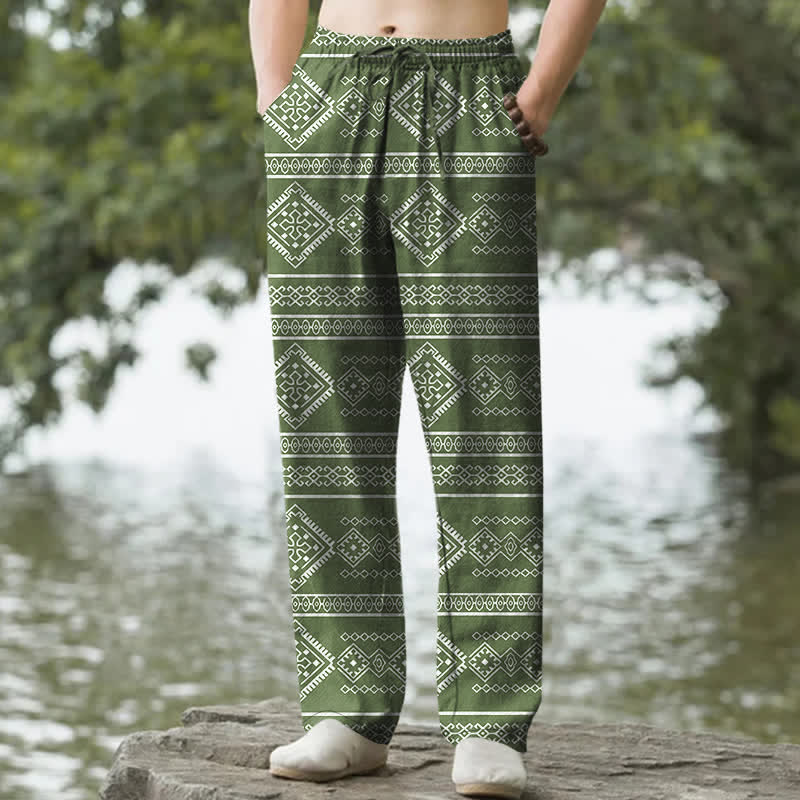 Buddha Stones Pantalon fuselé pour homme en coton à rayures géométriques tribales, avec poches - Vert olive - US/UK/AU50，EU60 (5XL) - image 6