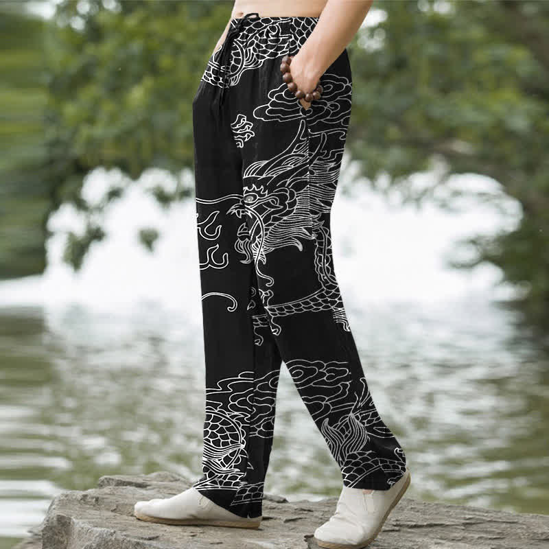 Buddha Stones Pantalon fuselé pour homme en coton à motif de nuage de dragon oriental avec poches - image 1