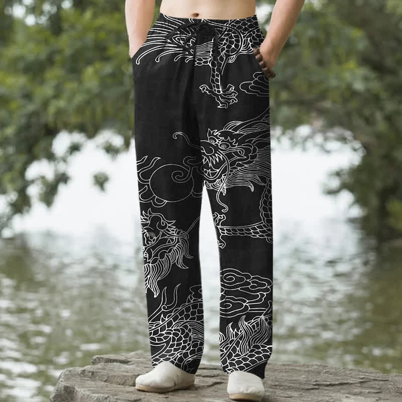 Buddha Stones Pantalon fuselé pour homme en coton à motif de nuage de dragon oriental avec poches - Noir - US/UK/AU50，EU60 (5XL) - image 0
