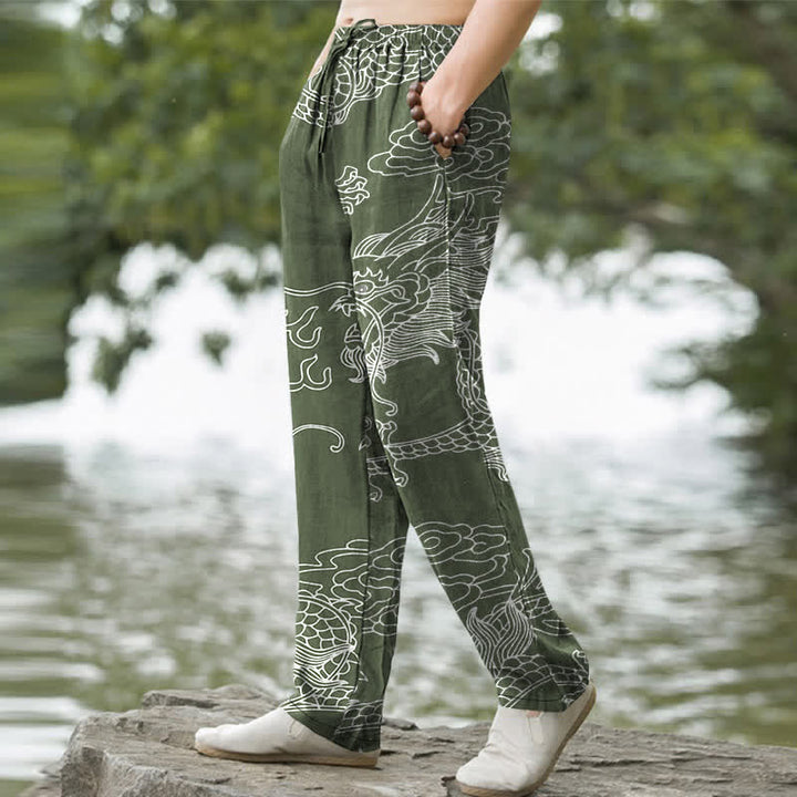 Buddha Stones Pantalon fuselé pour homme en coton à motif de nuage de dragon oriental avec poches - image 5