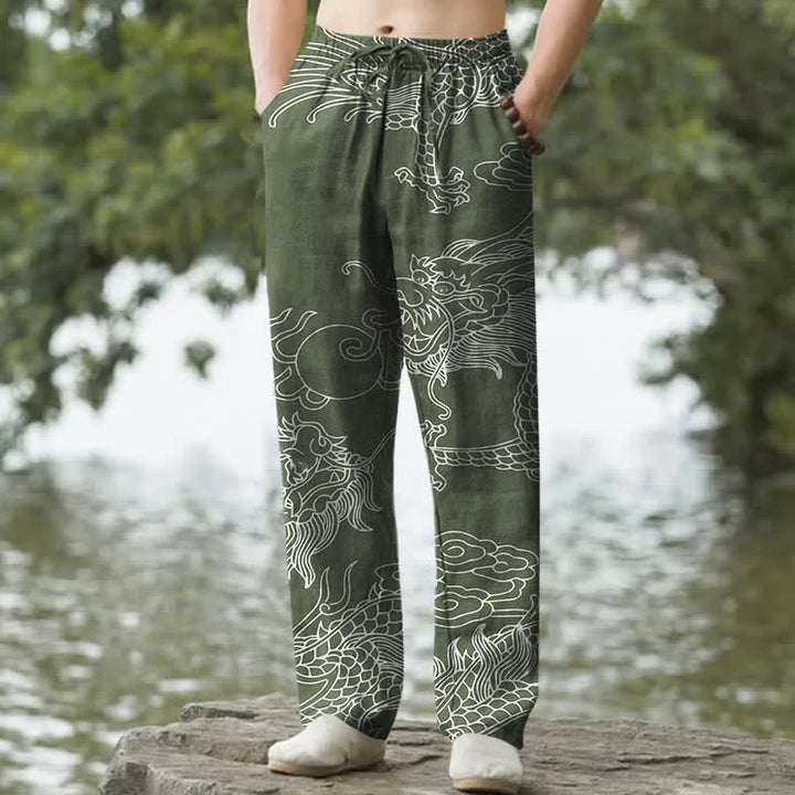 Buddha Stones Pantalon fuselé pour homme en coton à motif de nuage de dragon oriental avec poches - Vert foncé - US/UK/AU50，EU60 (5XL) - image 4