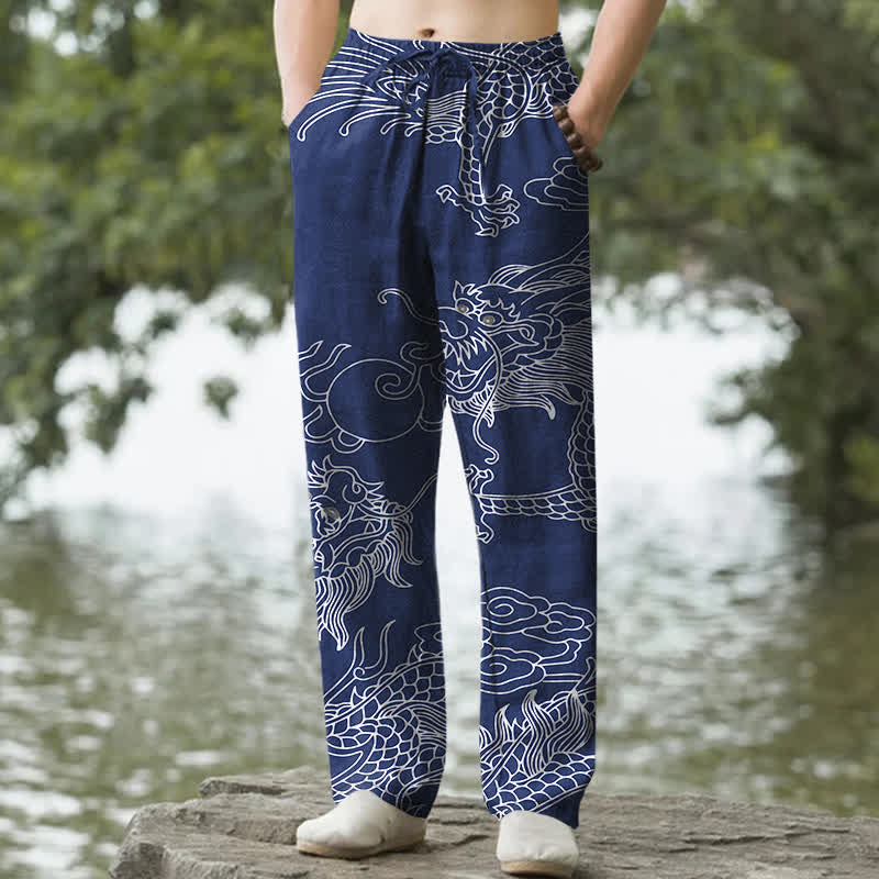 Buddha Stones Pantalon fuselé pour homme en coton à motif de nuage de dragon oriental avec poches - Marine - US/UK/AU50，EU60 (5XL) - image 6