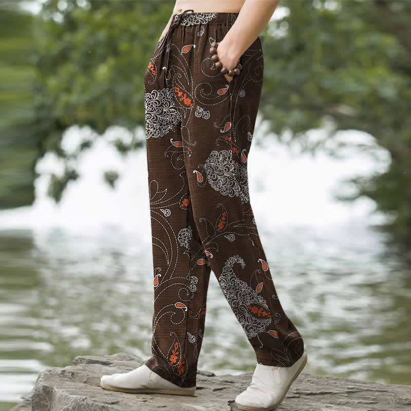 Buddha Stones Pantalon fuselé pour homme en coton à motif floral bohème avec poches - image 1