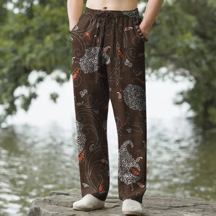 Buddha Stones Pantalon fuselé pour homme en coton à motif floral bohème avec poches - SaddleBrown - US/UK/AU50，EU60 (5XL) - image 0