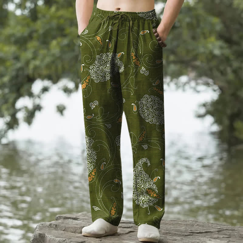 Buddha Stones Pantalon fuselé pour homme en coton à motif floral bohème avec poches - Vert olive foncé - US/UK/AU50，EU60 (5XL) - image 4