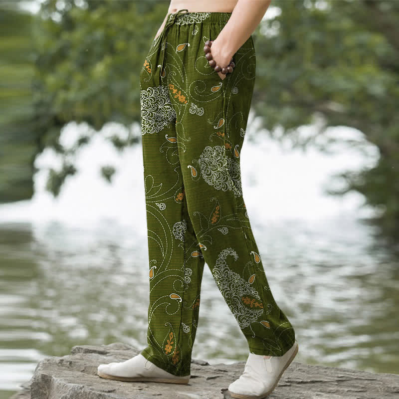 Buddha Stones Pantalon fuselé pour homme en coton à motif floral bohème avec poches - image 5
