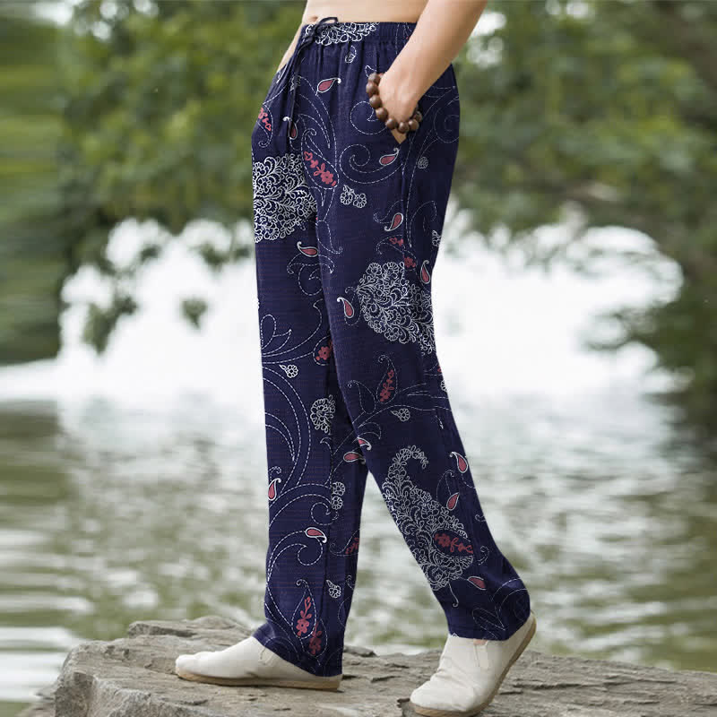 Buddha Stones Pantalon fuselé pour homme en coton à motif floral bohème avec poches - image 7