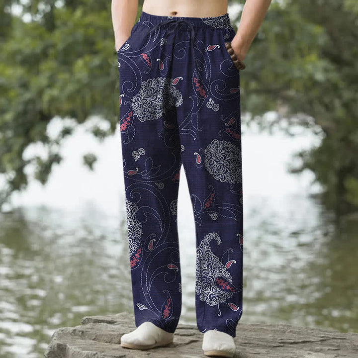Buddha Stones Pantalon fuselé pour homme en coton à motif floral bohème avec poches - Marine - US/UK/AU50，EU60 (5XL) - image 6