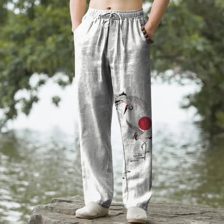 Buddha Stones Pantalon fuselé pour homme en coton rouge à motif de grues du soleil, avec poches - Lin - US/UK/AU50，EU60 (5XL) - image 0