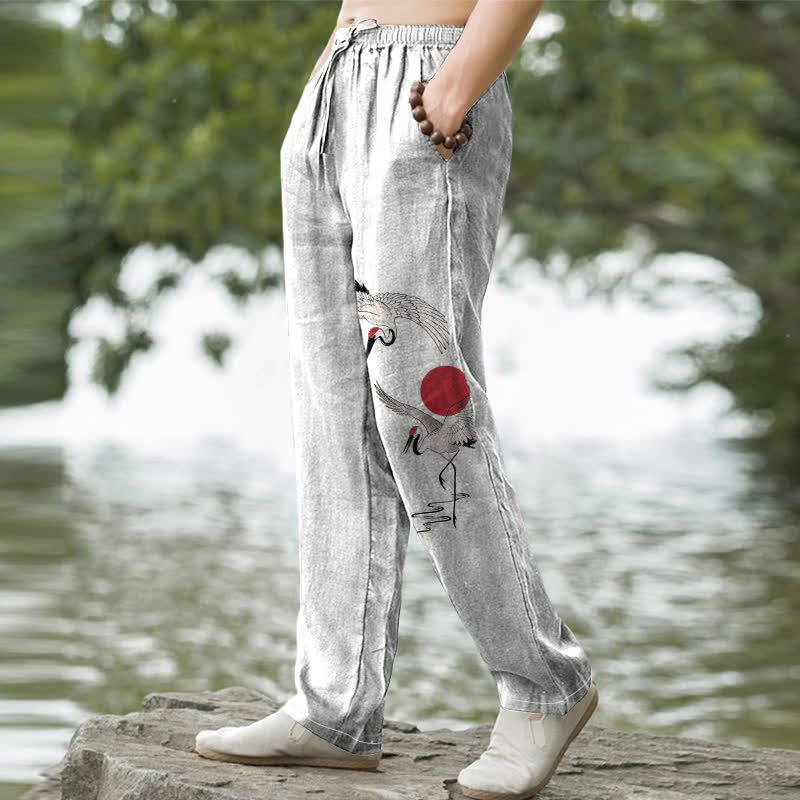 Buddha Stones Pantalon fuselé pour homme en coton rouge à motif de grues du soleil, avec poches - image 1