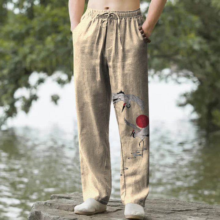 Buddha Stones Pantalon fuselé pour homme en coton rouge à motif de grues du soleil, avec poches - Blé - US/UK/AU50，EU60 (5XL) - image 4