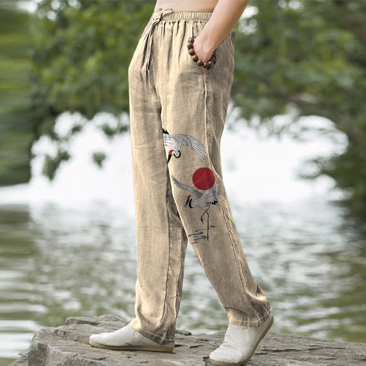 Buddha Stones Pantalon fuselé pour homme en coton rouge à motif de grues du soleil, avec poches - image 5