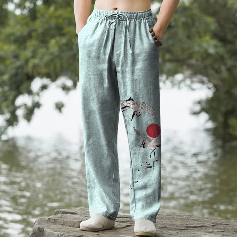 Buddha Stones Pantalon fuselé pour homme en coton rouge à motif de grues du soleil, avec poches - Turquoise pâle - US/UK/AU50，EU60 (5XL) - image 6