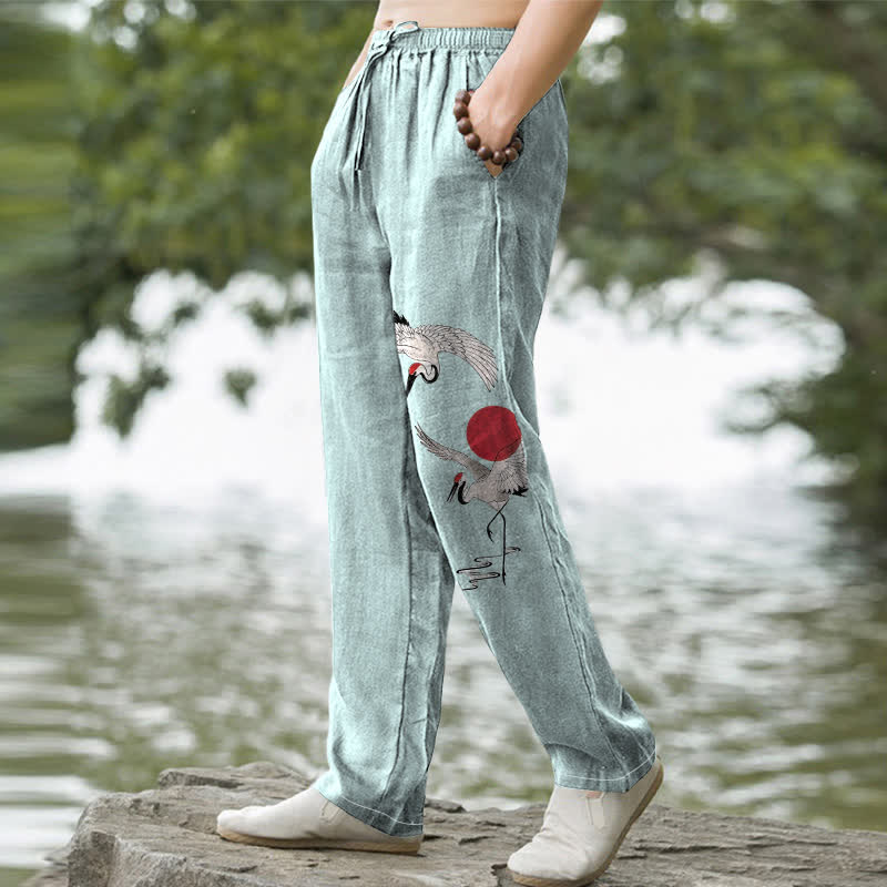 Buddha Stones Pantalon fuselé pour homme en coton rouge à motif de grues du soleil, avec poches - image 7