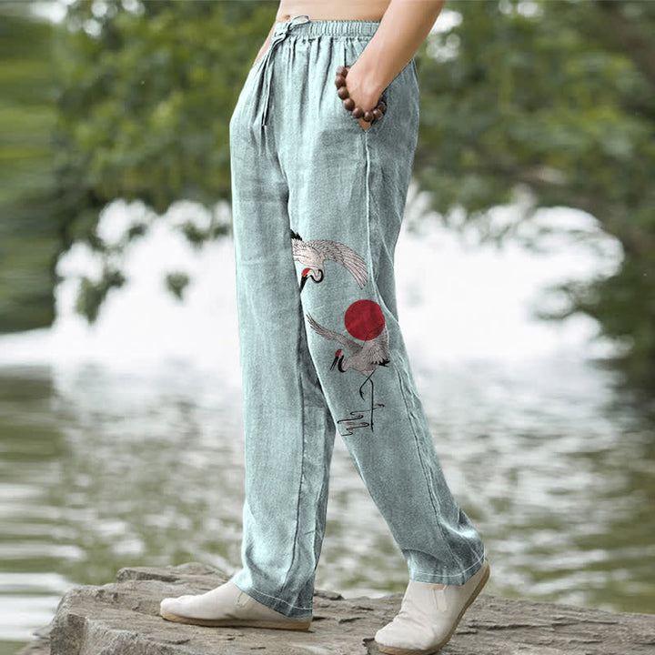 Buddha Stones Pantalon fuselé pour homme en coton rouge à motif de grues du soleil, avec poches - image 7
