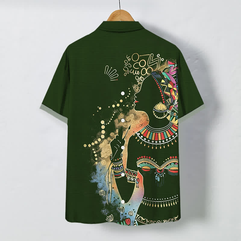 Buddha Stones Chemise à manches courtes respirante pour homme avec boutons et motif silhouette de femme tribale - image 1