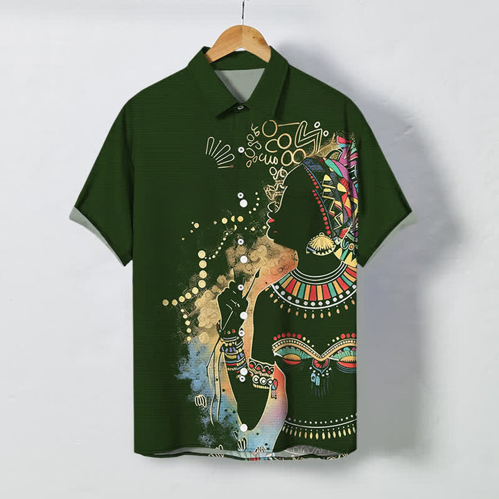 Buddha Stones Chemise à manches courtes respirante pour homme avec boutons et motif silhouette de femme tribale - Vert foncé - US/UK/AU48，EU58 (4XL) - image 0