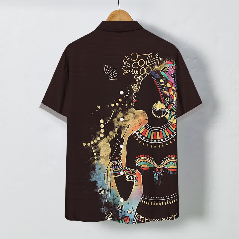 Buddha Stones Chemise à manches courtes respirante pour homme avec boutons et motif silhouette de femme tribale - image 6