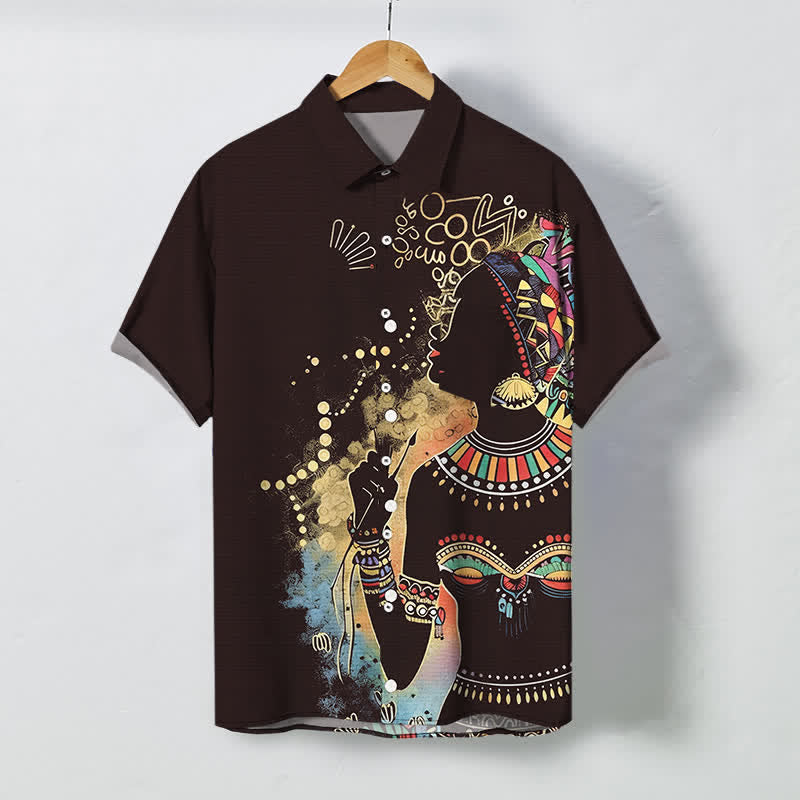 Buddha Stones Chemise à manches courtes respirante pour homme avec boutons et motif silhouette de femme tribale - SaddleBrown - US/UK/AU48，EU58 (4XL) - image 5