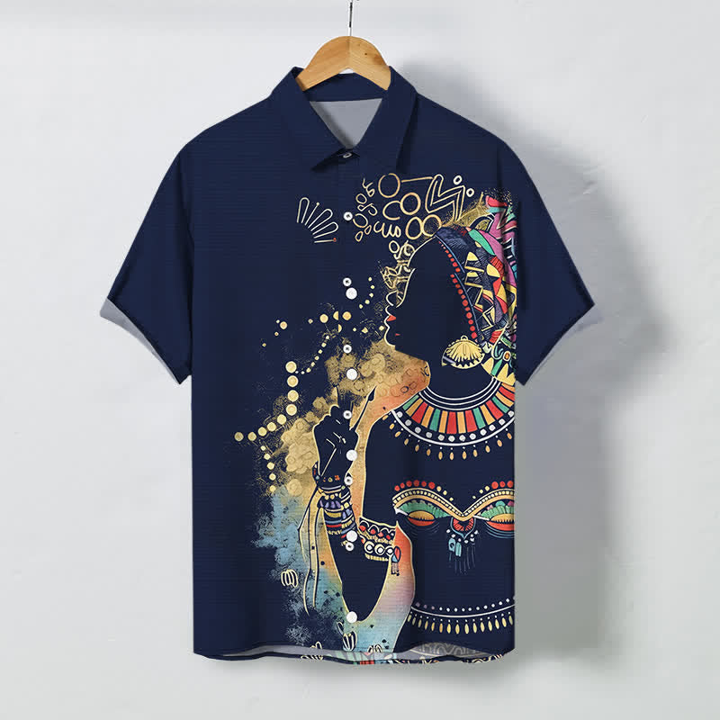 Buddha Stones Chemise à manches courtes respirante pour homme avec boutons et motif silhouette de femme tribale - Marine - US/UK/AU48，EU58 (4XL) - image 10