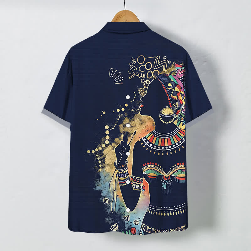 Buddha Stones Chemise à manches courtes respirante pour homme avec boutons et motif silhouette de femme tribale - image 11