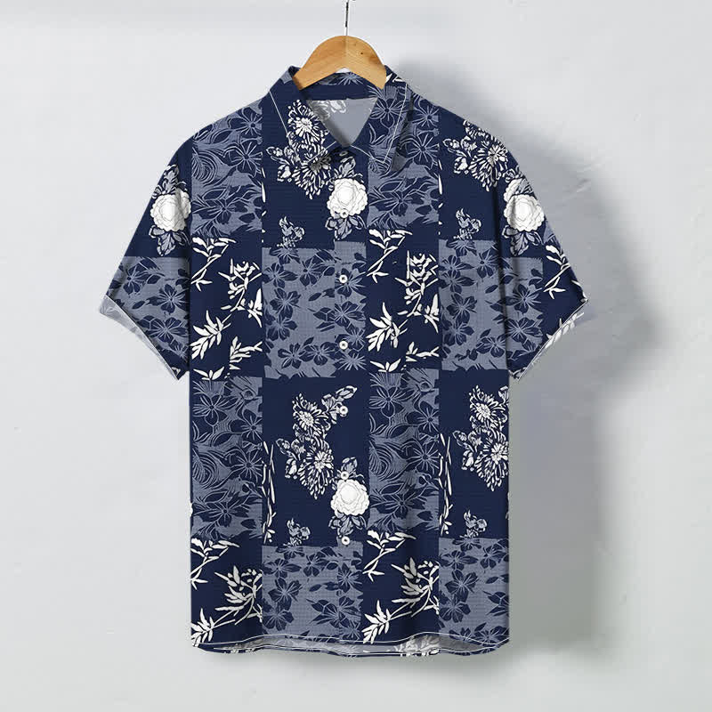 Buddha Stones Chemise à manches courtes respirante pour homme, à carreaux bleus et à motifs floraux, avec boutons. - Marine - US/UK/AU48，EU58 (4XL) - image 0