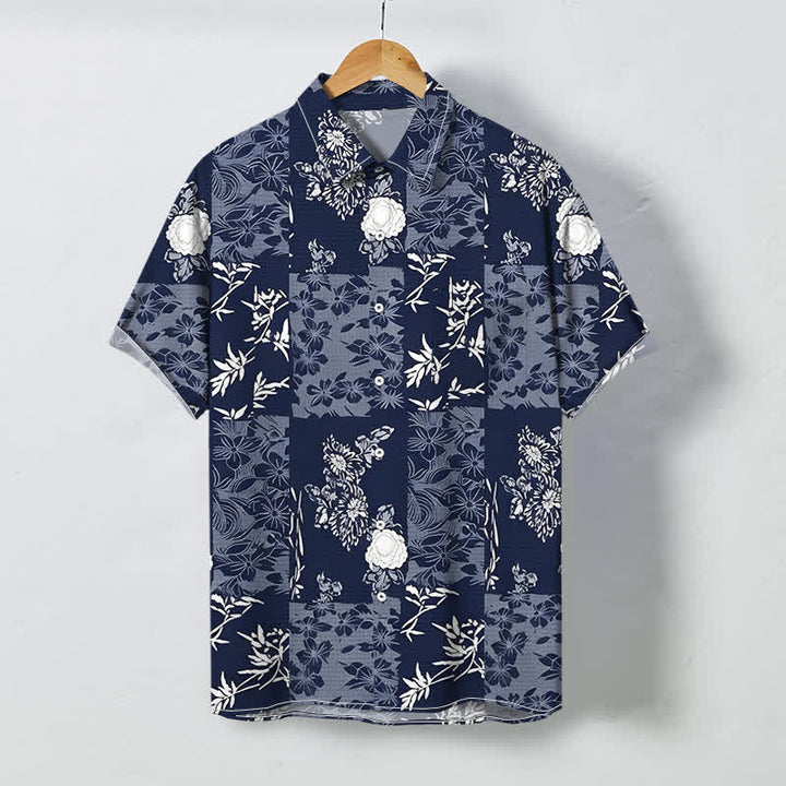 Buddha Stones Chemise à manches courtes respirante pour homme, à carreaux bleus et à motifs floraux, avec boutons. - Marine - US/UK/AU48，EU58 (4XL) - image 0