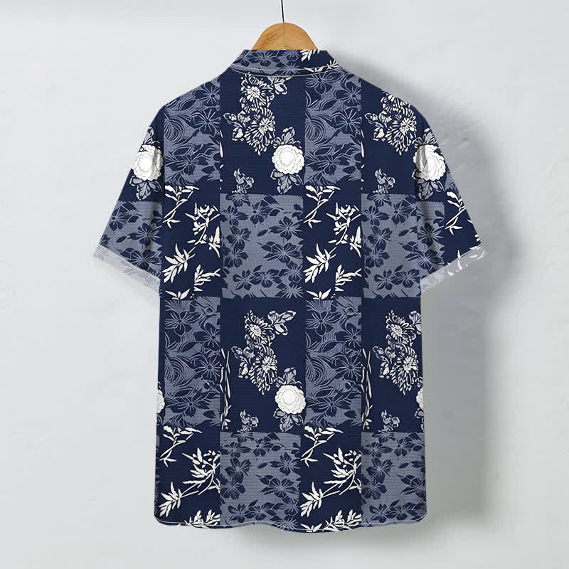 Buddha Stones Chemise à manches courtes respirante pour homme, à carreaux bleus et à motifs floraux, avec boutons. - image 1