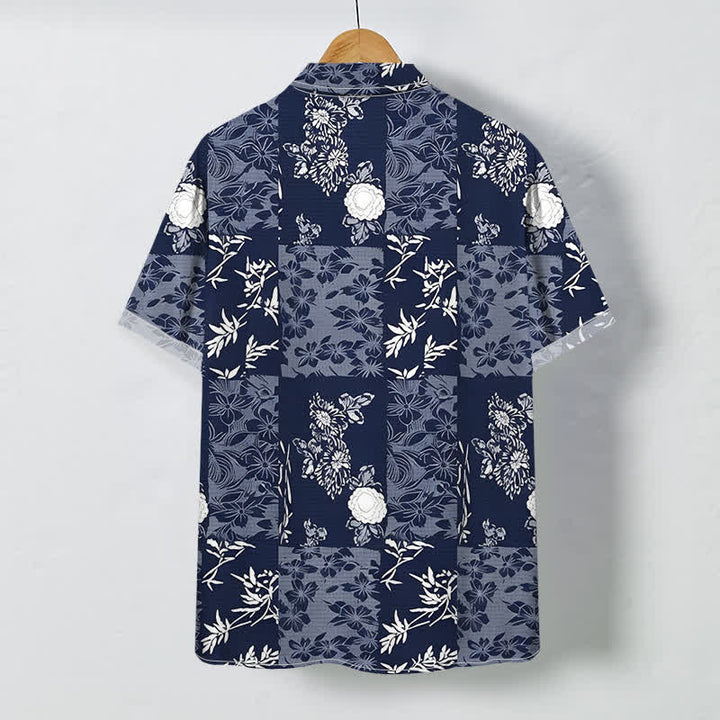 Buddha Stones Chemise à manches courtes respirante pour homme, à carreaux bleus et à motifs floraux, avec boutons. - image 1