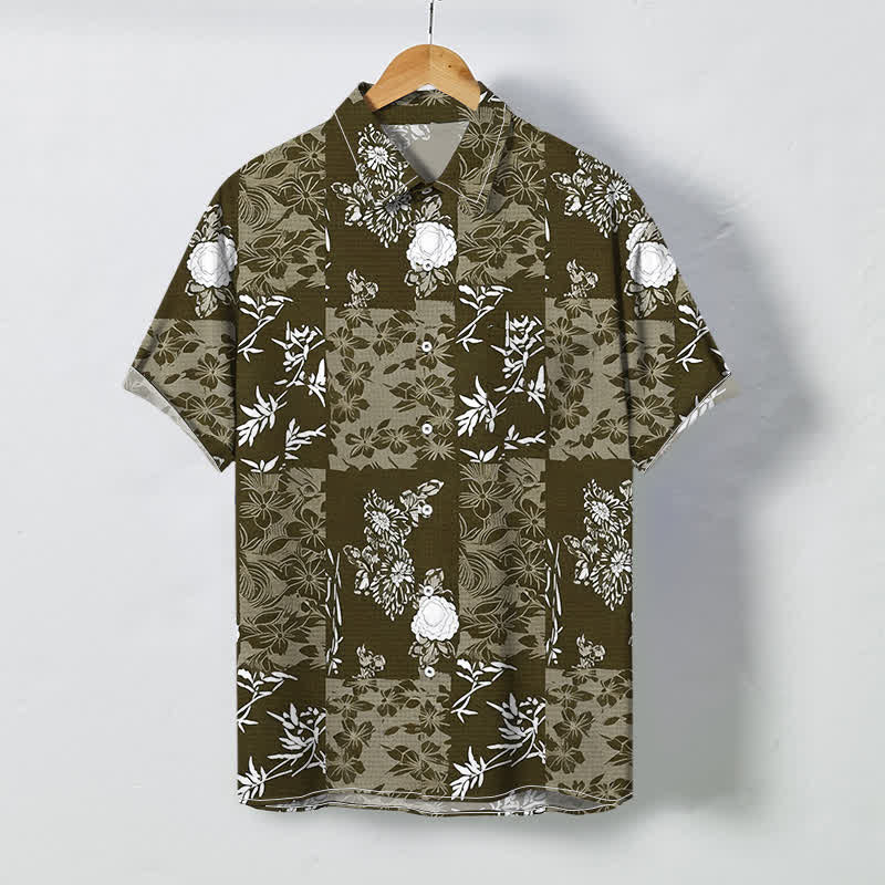 Buddha Stones Chemise à manches courtes respirante pour homme, à carreaux bleus et à motifs floraux, avec boutons. - SaddleBrown - US/UK/AU48，EU58 (4XL) - image 3