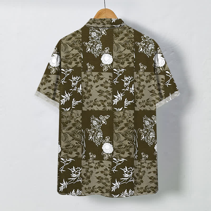 Buddha Stones Chemise à manches courtes respirante pour homme, à carreaux bleus et à motifs floraux, avec boutons. - image 4