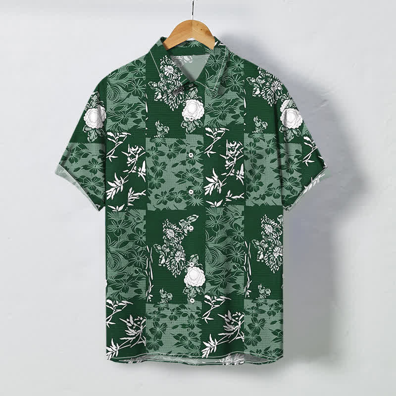 Buddha Stones Chemise à manches courtes respirante pour homme, à carreaux bleus et à motifs floraux, avec boutons. - Vert foncé - US/UK/AU48，EU58 (4XL) - image 6
