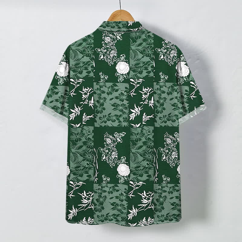 Buddha Stones Chemise à manches courtes respirante pour homme, à carreaux bleus et à motifs floraux, avec boutons. - image 7