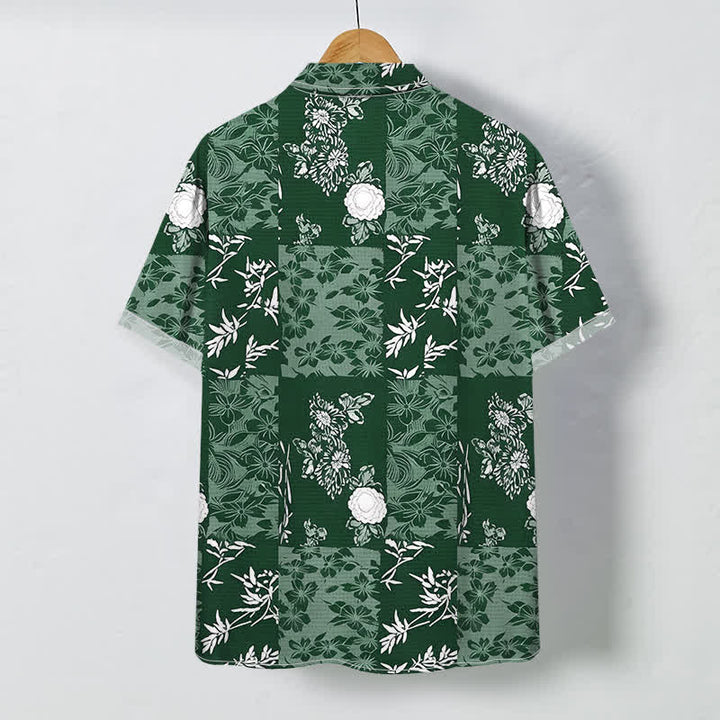 Buddha Stones Chemise à manches courtes respirante pour homme, à carreaux bleus et à motifs floraux, avec boutons. - image 7
