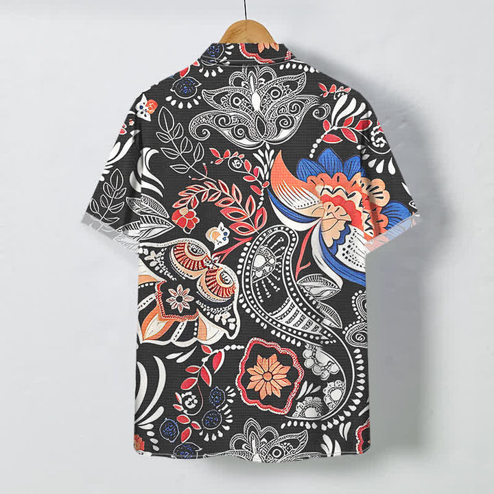 Buddha Stones Chemise à manches courtes respirante pour homme, à boutons et à motif floral cachemire vintage - image 1
