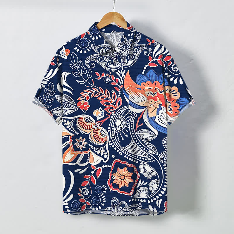 Buddha Stones Chemise à manches courtes respirante pour homme, à boutons et à motif floral cachemire vintage - Marine - US/UK/AU48，EU58 (4XL) - image 3