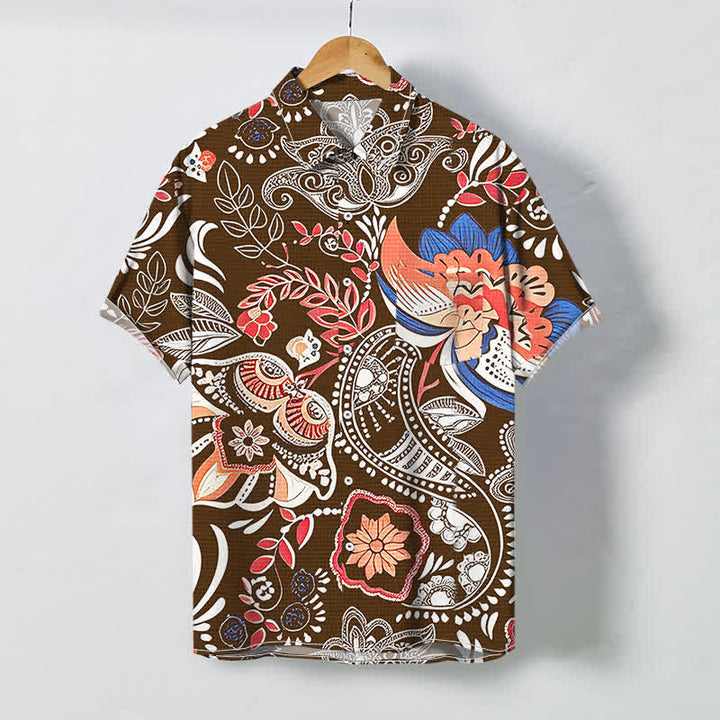 Buddha Stones Chemise à manches courtes respirante pour homme, à boutons et à motif floral cachemire vintage - image 6