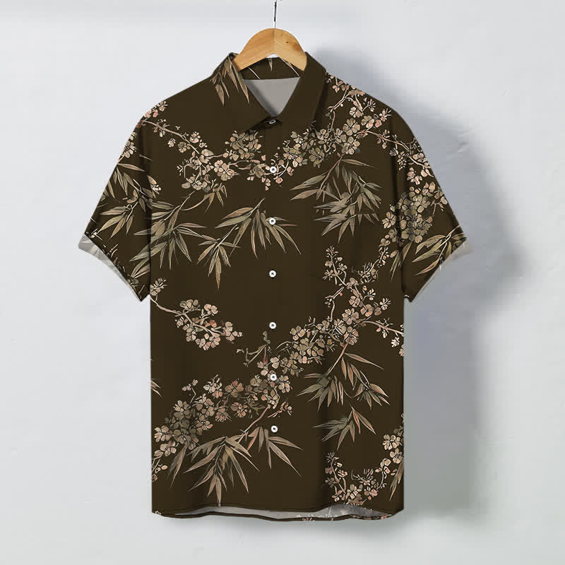 Buddha Stones Chemise à manches courtes respirante pour homme, à boutons et motif de fleurs de prunier en bambou - SaddleBrown - US/UK/AU48，EU58 (4XL) - image 0