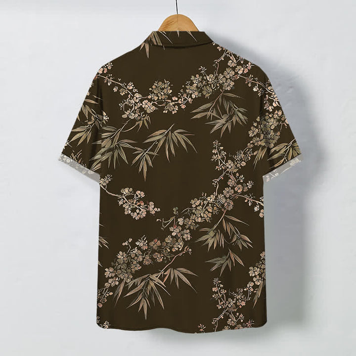 Buddha Stones Chemise à manches courtes respirante pour homme, à boutons et motif de fleurs de prunier en bambou - image 1