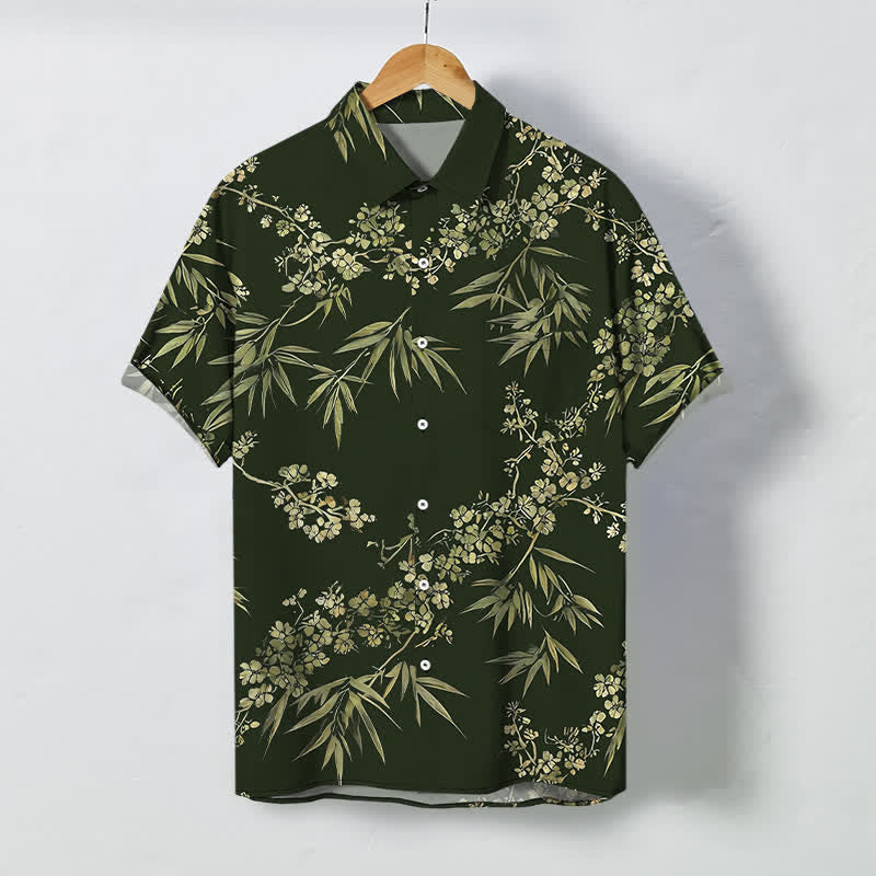 Buddha Stones Chemise à manches courtes respirante pour homme, à boutons et motif de fleurs de prunier en bambou - Vert foncé - US/UK/AU48，EU58 (4XL) - image 5