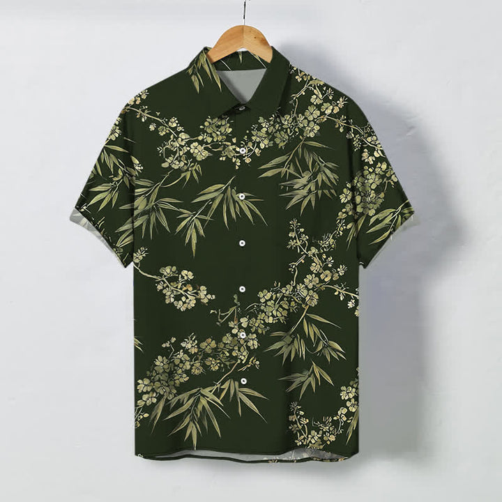 Buddha Stones Chemise à manches courtes respirante pour homme, à boutons et motif de fleurs de prunier en bambou - Vert foncé - US/UK/AU48，EU58 (4XL) - image 5