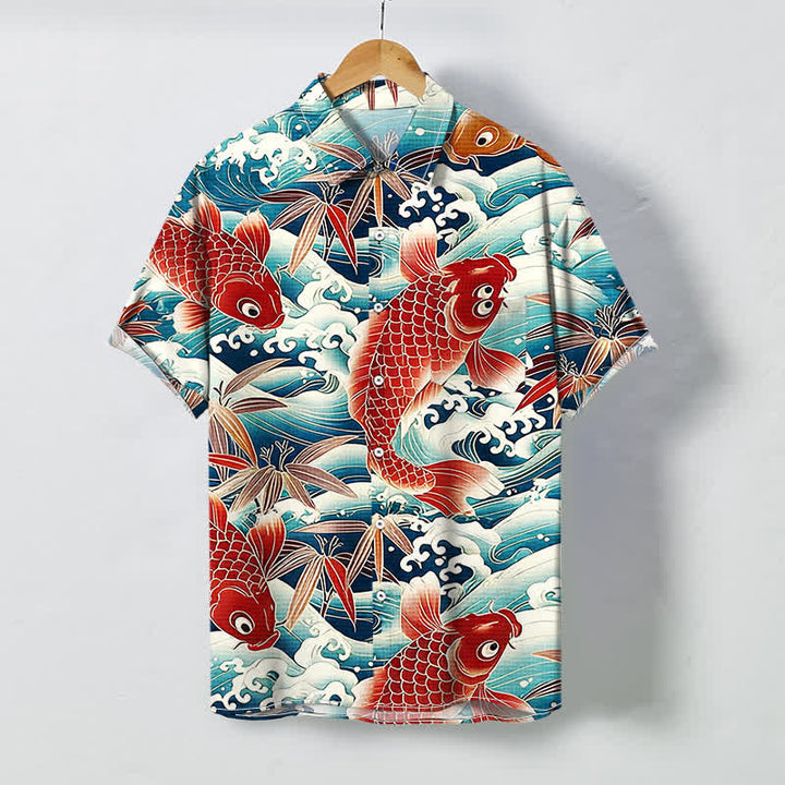 Buddha Stones Chemise à manches courtes respirante pour homme, motif vagues de bambou et boutons. - Turquoise - US/UK/AU48，EU58 (4XL) - image 0