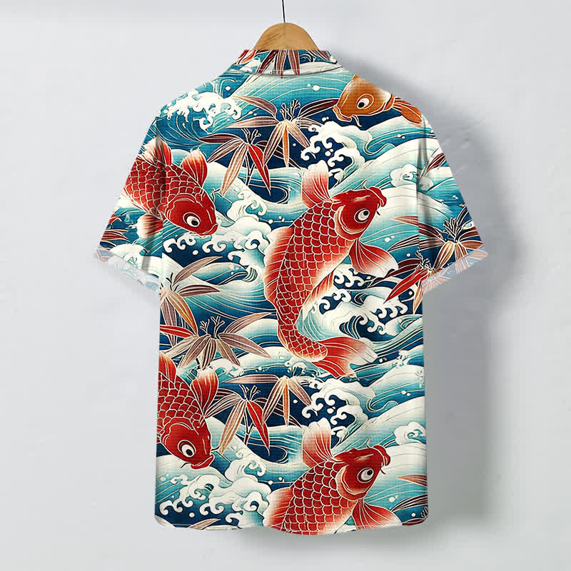Buddha Stones Chemise à manches courtes respirante pour homme, motif vagues de bambou et boutons. - image 1