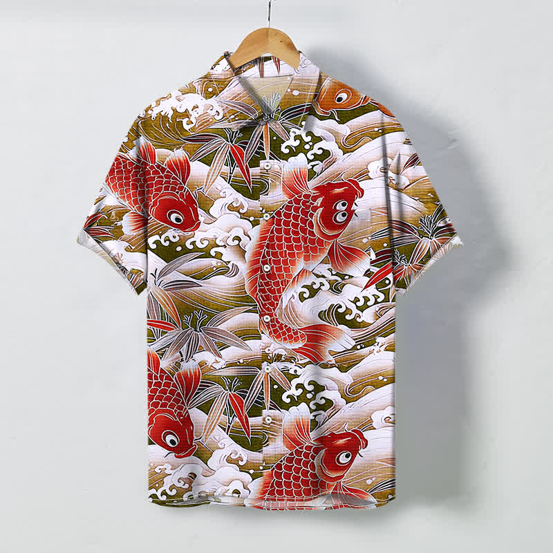 Buddha Stones Chemise à manches courtes respirante pour homme, motif vagues de bambou et boutons. - DarkGoldenrod - US/UK/AU48，EU58 (4XL) - image 3