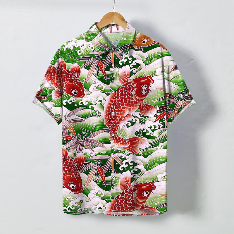 Buddha Stones Chemise à manches courtes respirante pour homme, motif vagues de bambou et boutons. - Vert citron - US/UK/AU48，EU58 (4XL) - image 6