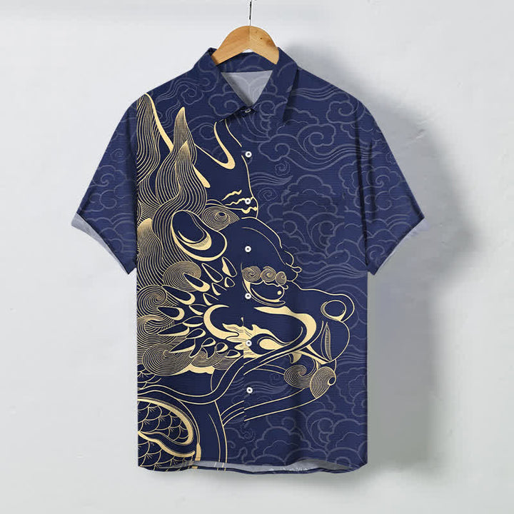 Buddha Stones Chemise à manches courtes pour homme, infroissable, avec boutons à motif de nuage de dragon doré - Marine - US/UK/AU48，EU58 (4XL) - image 0