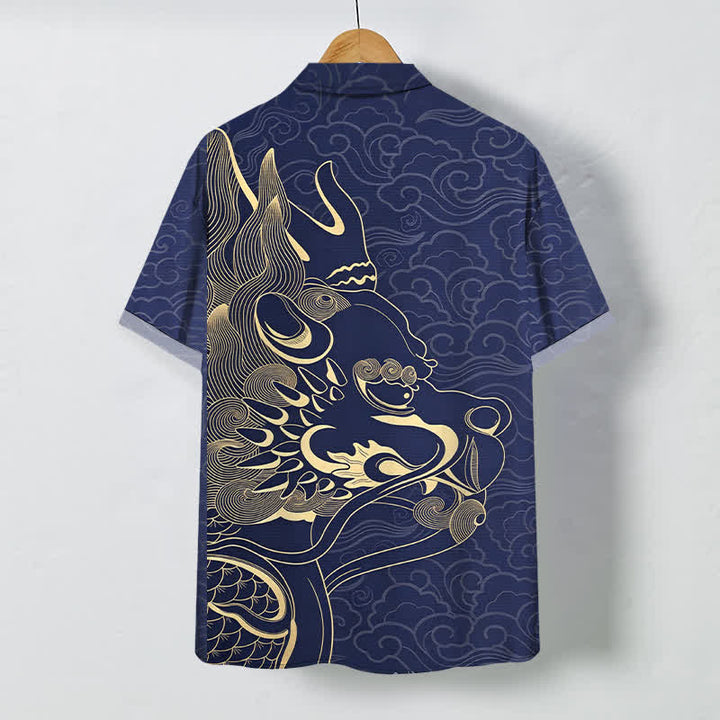 Buddha Stones Chemise à manches courtes pour homme, infroissable, avec boutons à motif de nuage de dragon doré - image 1