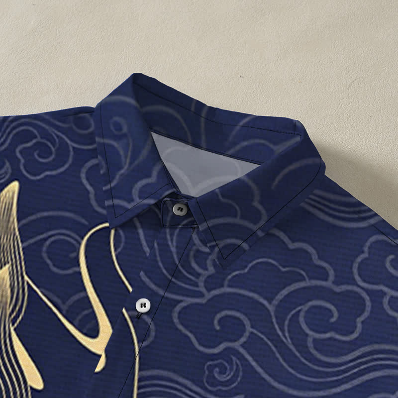 Buddha Stones Chemise à manches courtes pour homme, infroissable, avec boutons à motif de nuage de dragon doré - image 2