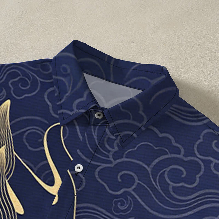 Buddha Stones Chemise à manches courtes pour homme, infroissable, avec boutons à motif de nuage de dragon doré - image 2